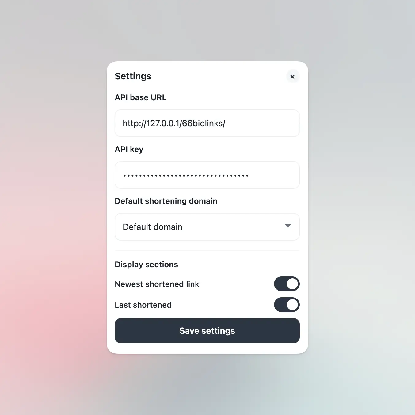 Screenshot of the chrome extension settings section